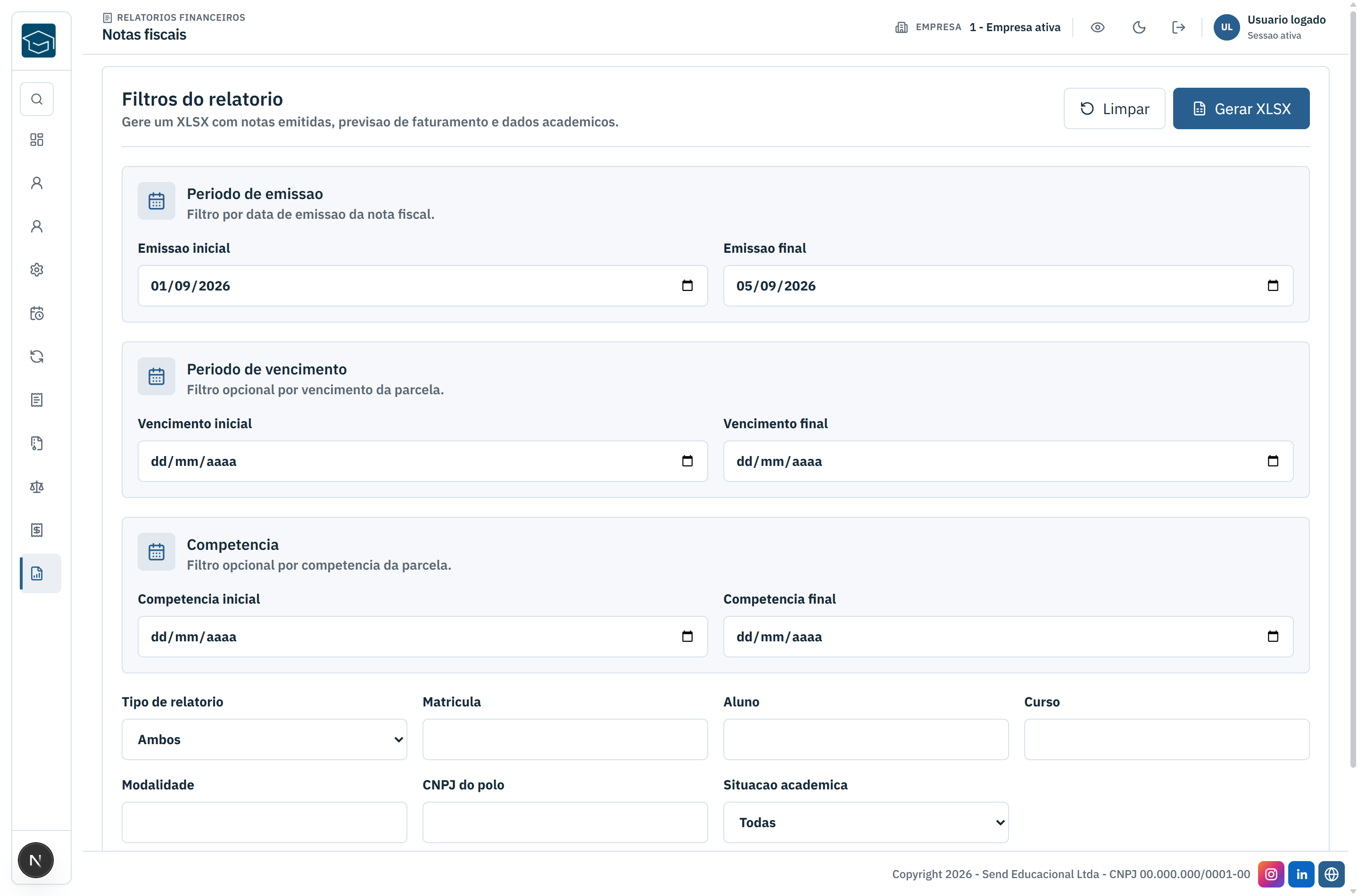 Filtros do relatório de notas fiscais
