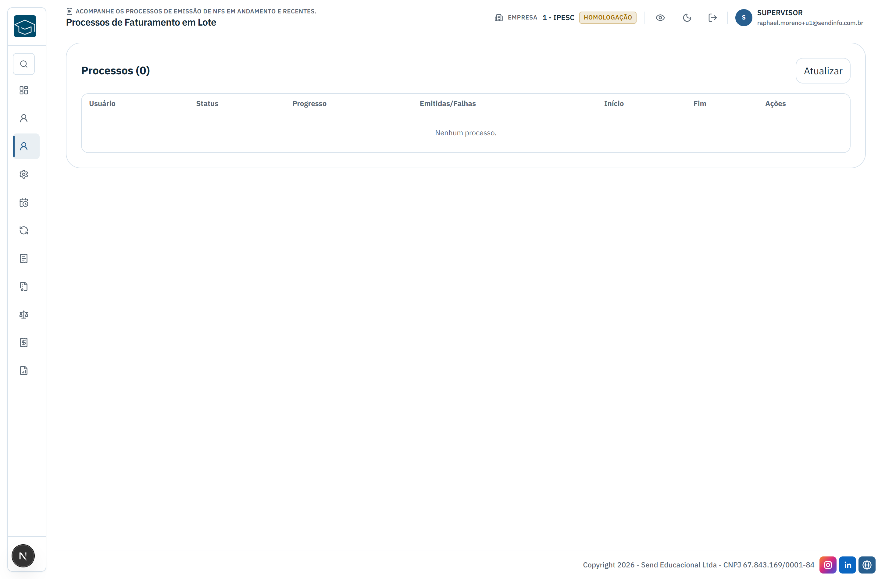 Tela de processos em andamento do faturamento em lote