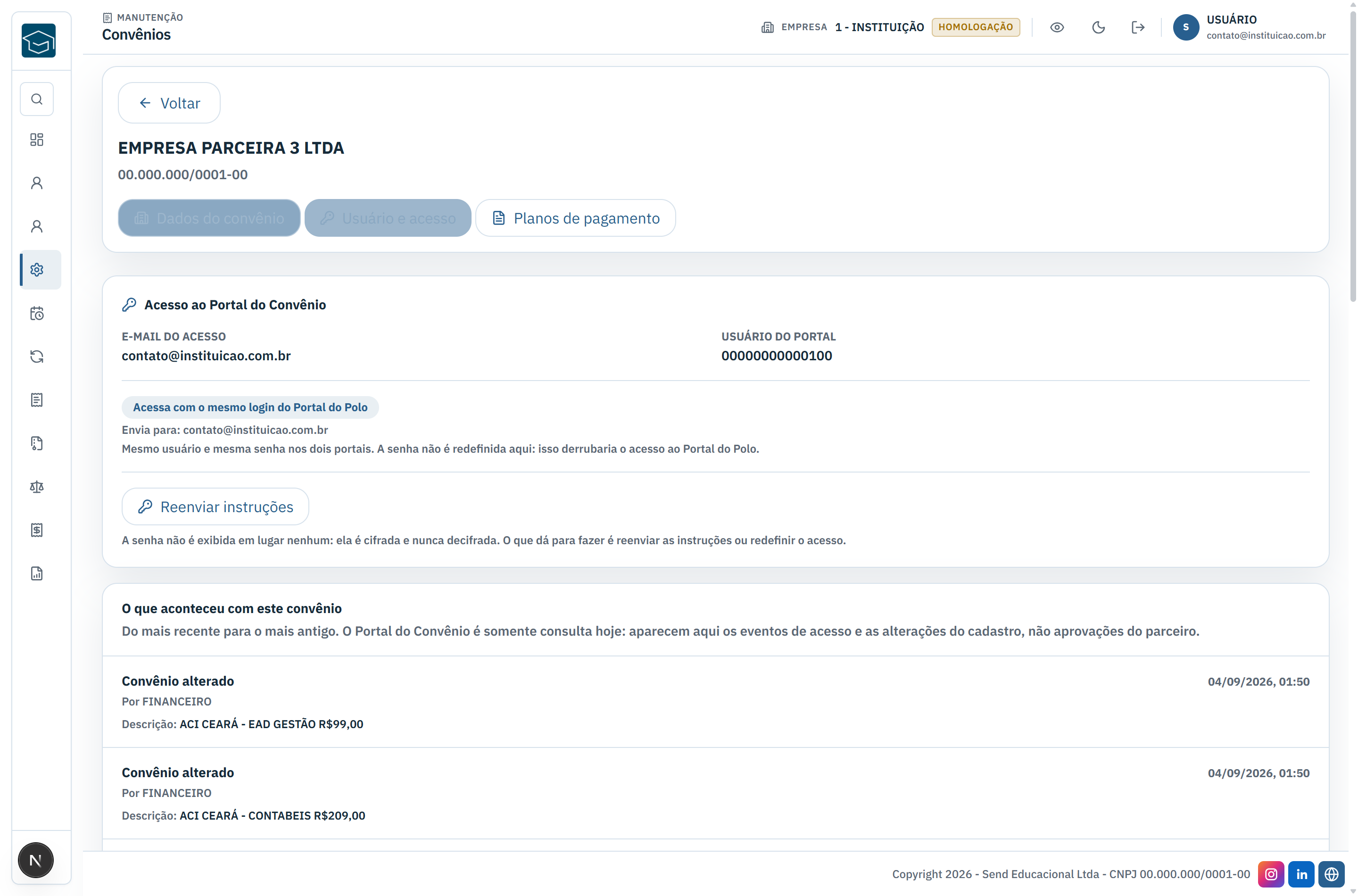 Aba Usuário e acesso, com o acesso do parceiro ao Portal do Convênio