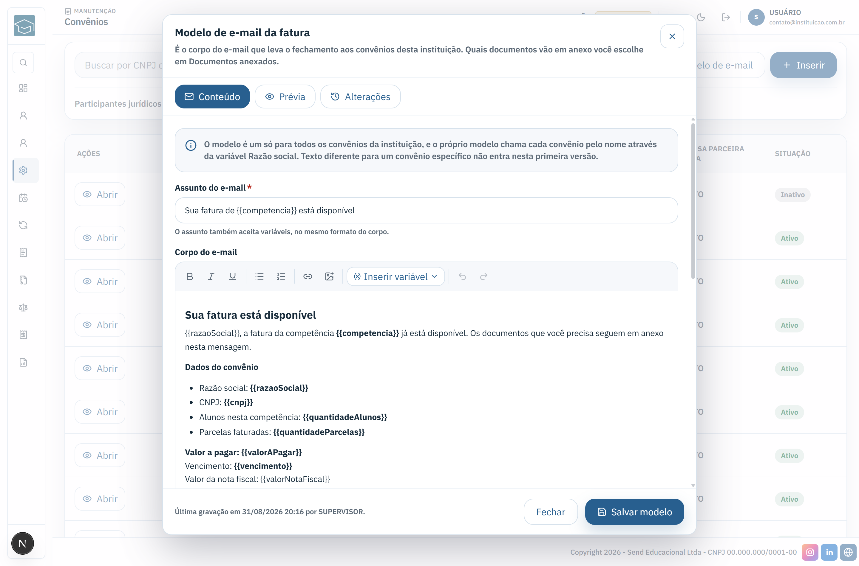 Janela do modelo de e-mail da fatura do convênio