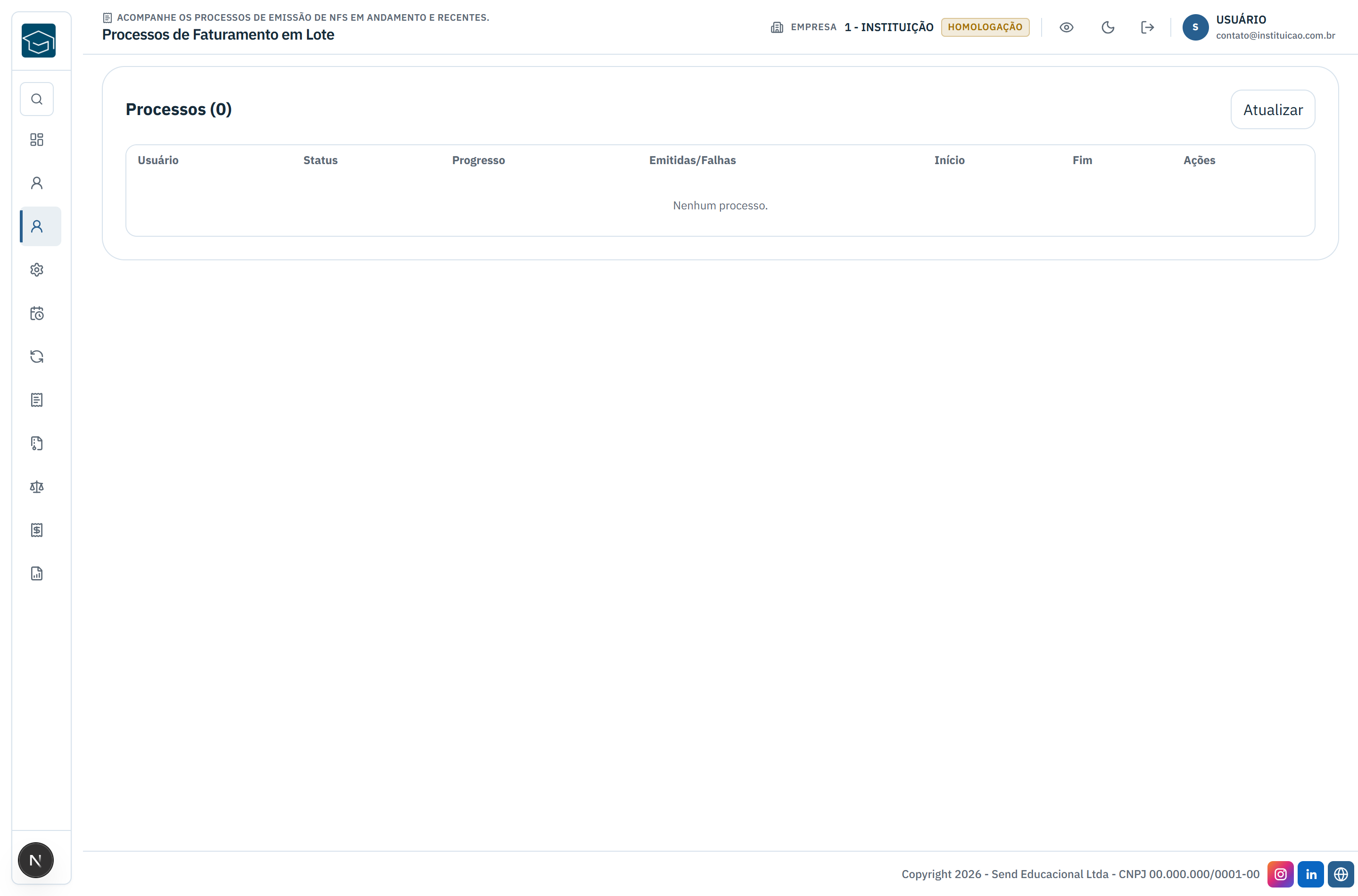 Tela de processos em andamento do faturamento em lote